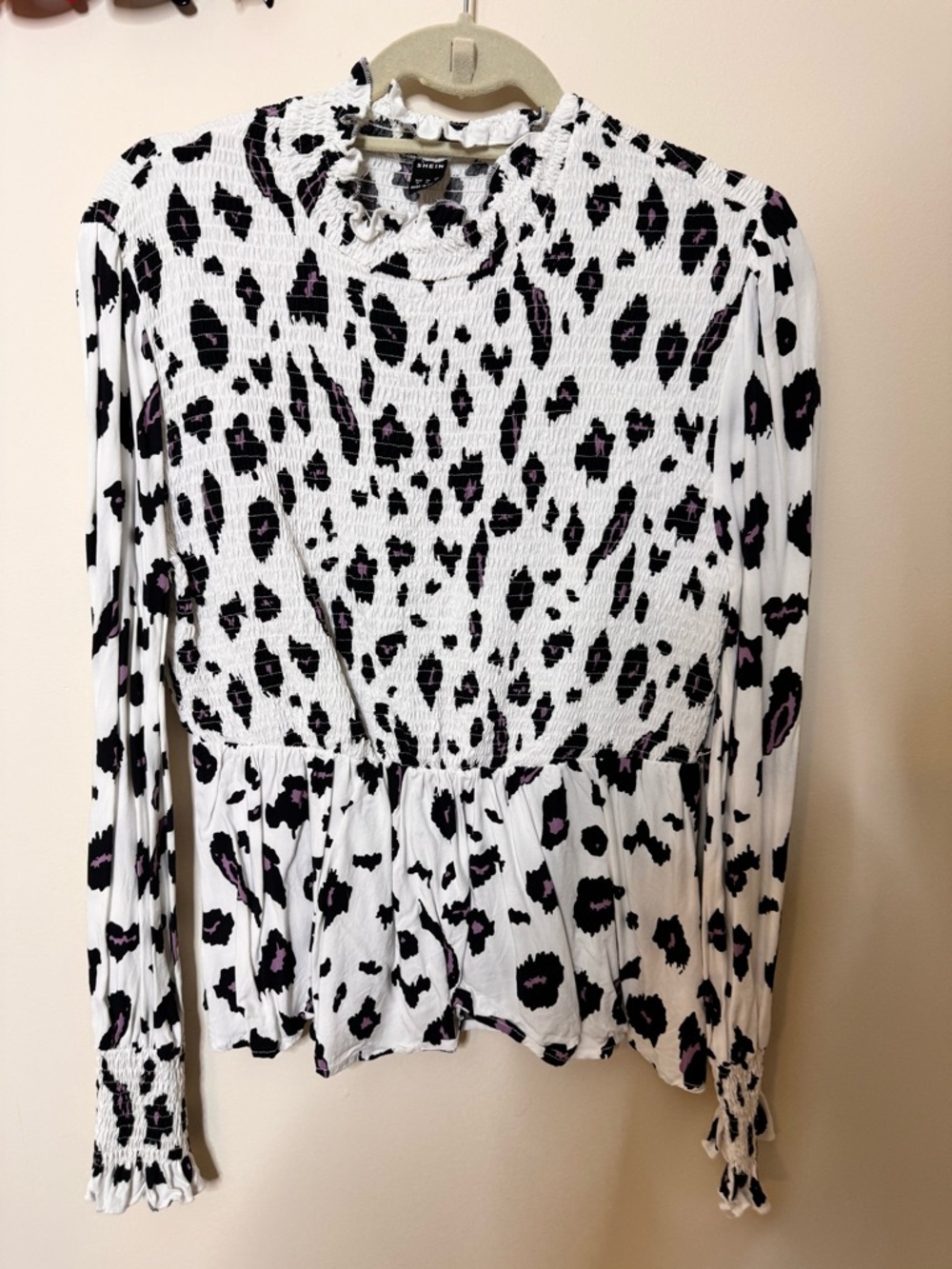SHEIN White Leopard Print Smocked Long-Sleeve Top with Lavender Accents